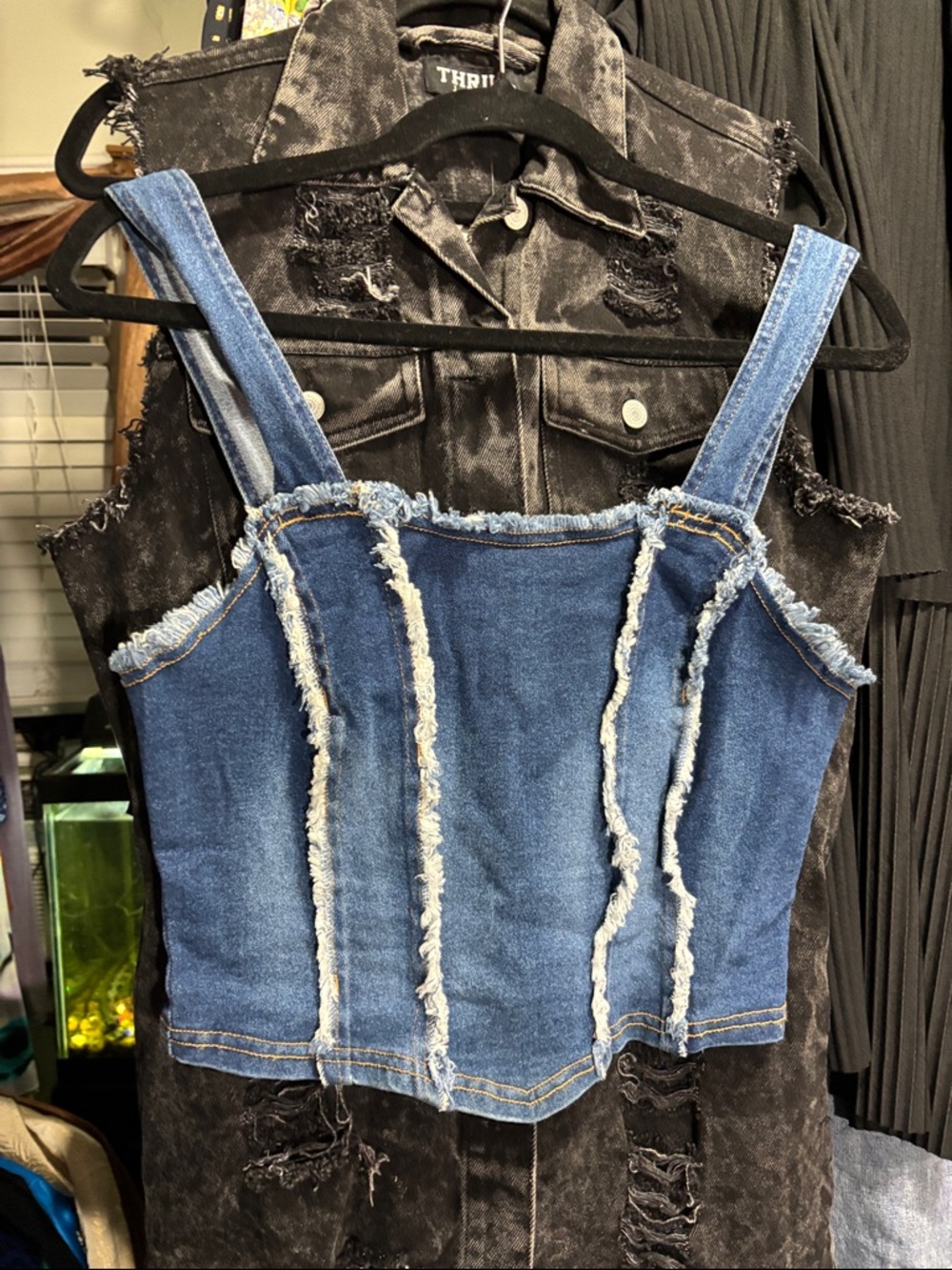 Denim Frayed Corset Crop Top - Blue
